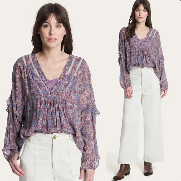 Frye Tops - Frye purple floral long sleeve ruffle v neck blouse sheer boho tunic peasant